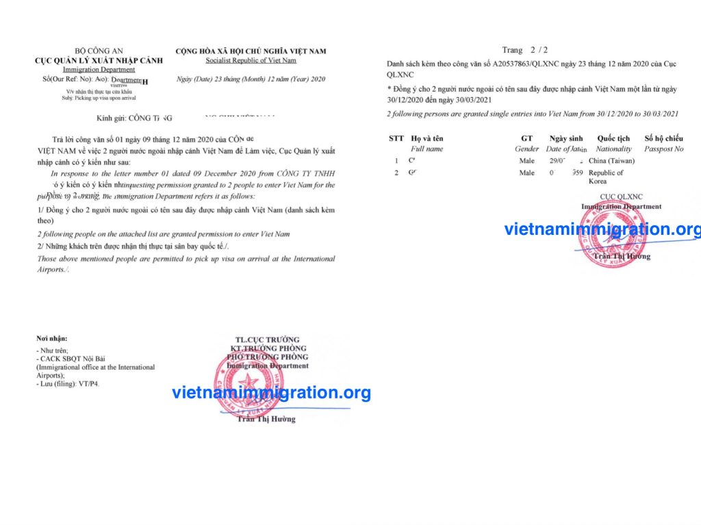 Approval Letter for Vietnam Landing Visa